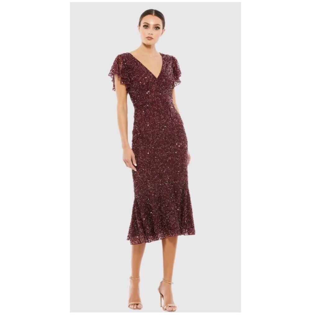 MacDuggal Sequined Vneck Gown Garnet Red Flutter Sleeve Trumpet Sleeve Dress 14
